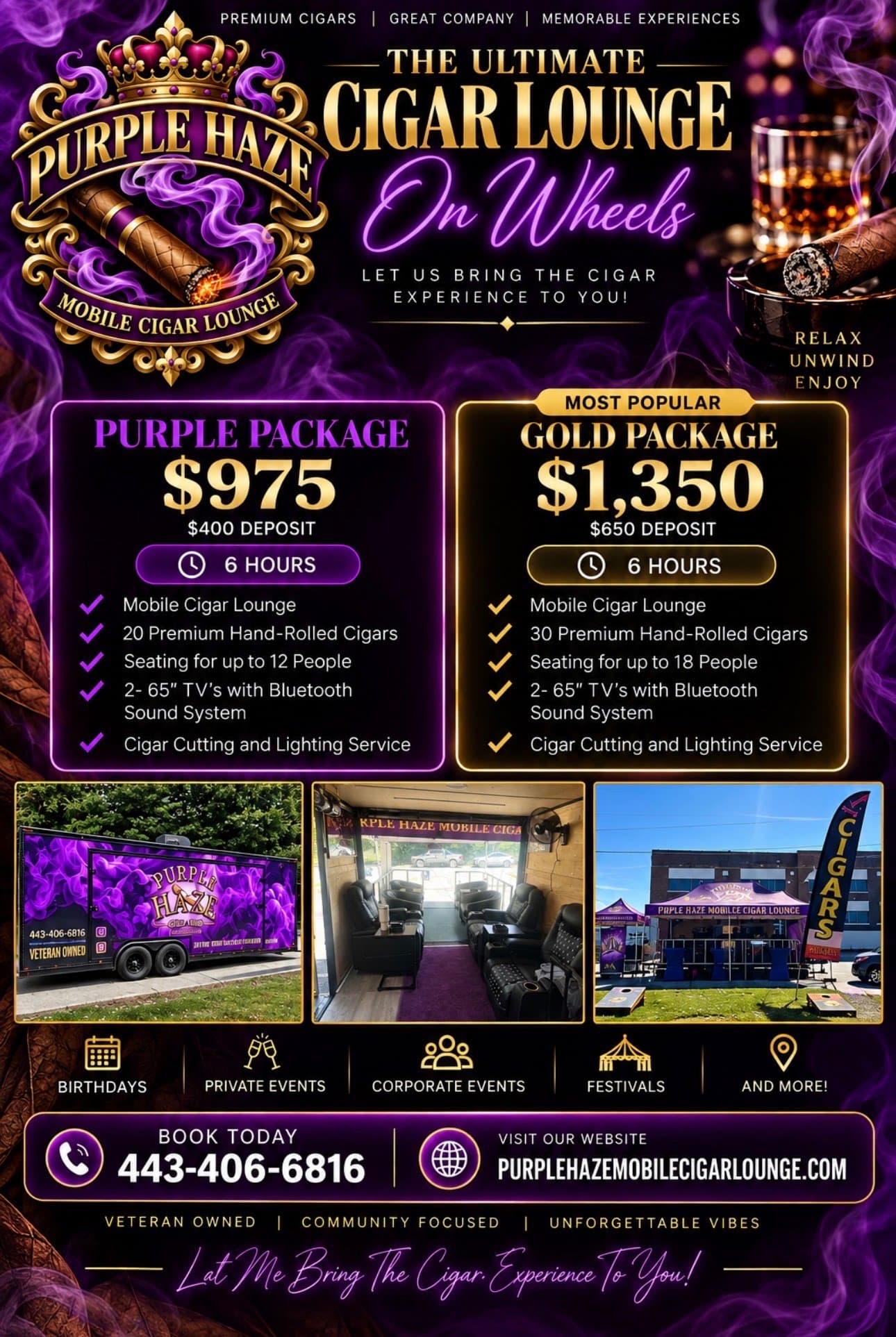 Purple Haze Mobile Cigar Lounge flyer with Purple and Gold package pricing