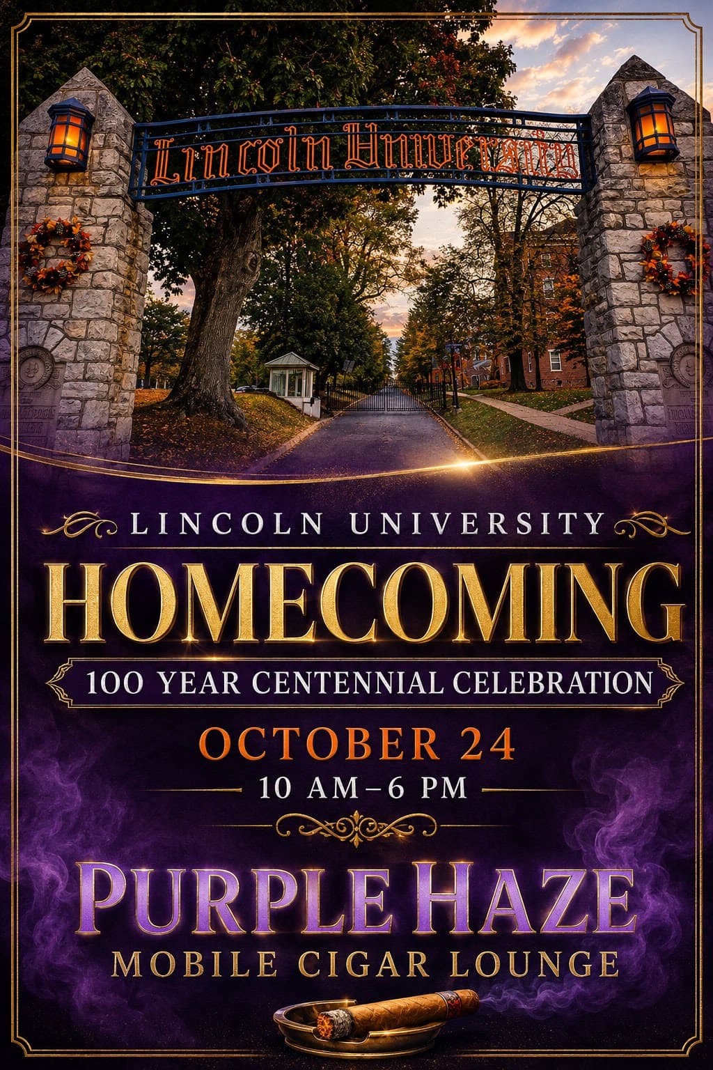 Flyer for Lincoln University Homecoming 100 Year Centennial Celebration on October 24 with Purple Haze Mobile Cigar Lounge