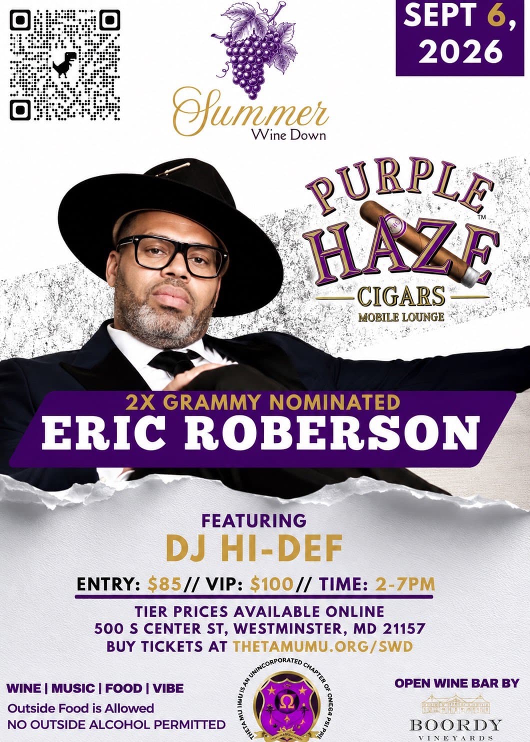 Flyer for the Summer Wine Down featuring Eric Roberson and DJ Hi-Def in Westminster, Maryland with Purple Haze Mobile Cigar Lounge