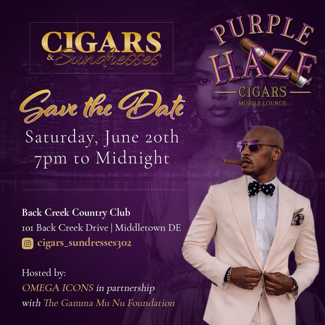 Save the date flyer for Cigars and Sundresses at Back Creek Country Club in Middletown, Delaware with Purple Haze Mobile Cigar Lounge