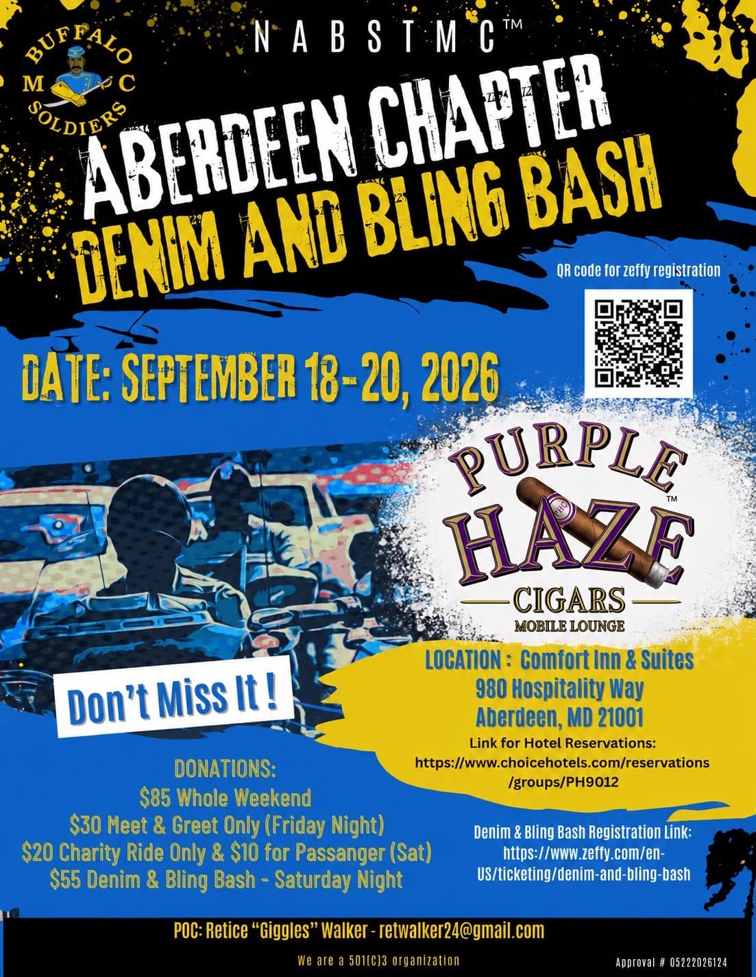Flyer for the Buffalo Soldiers Aberdeen Chapter Denim and Bling Bash in Aberdeen, Maryland with Purple Haze Mobile Cigar Lounge
