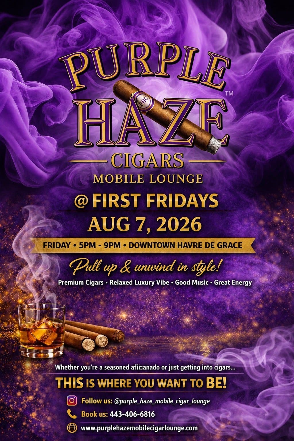Flyer for First Fridays in downtown Havre de Grace on August 7 with Purple Haze Mobile Cigar Lounge