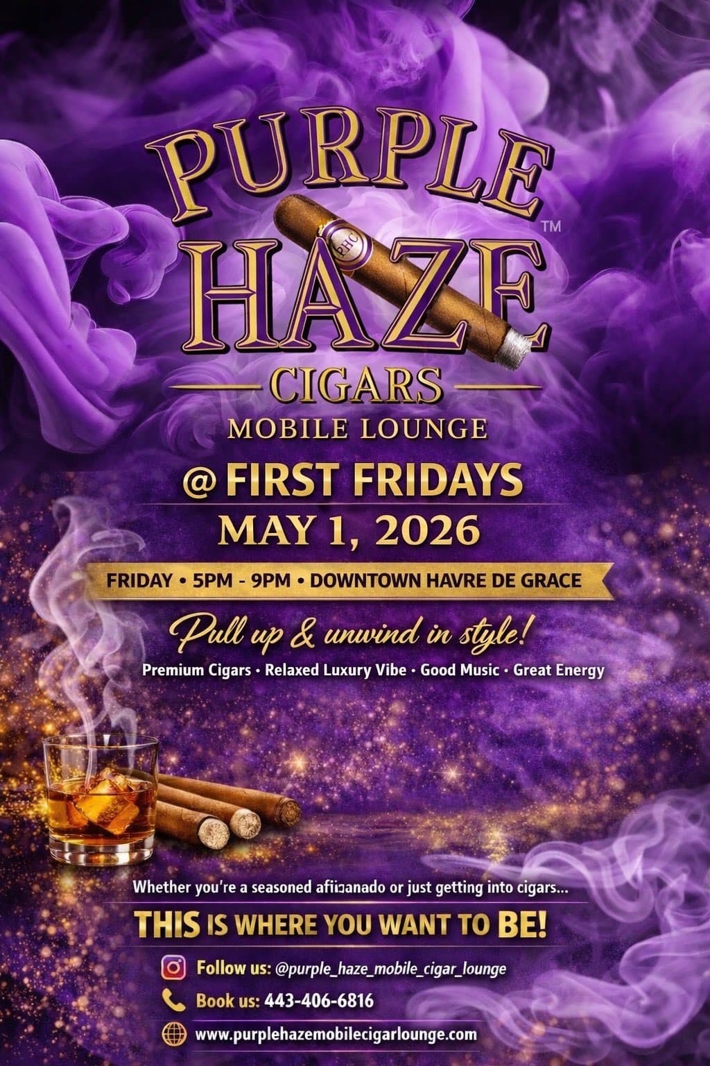 Flyer for First Fridays in downtown Havre de Grace on May 1 with Purple Haze Mobile Cigar Lounge