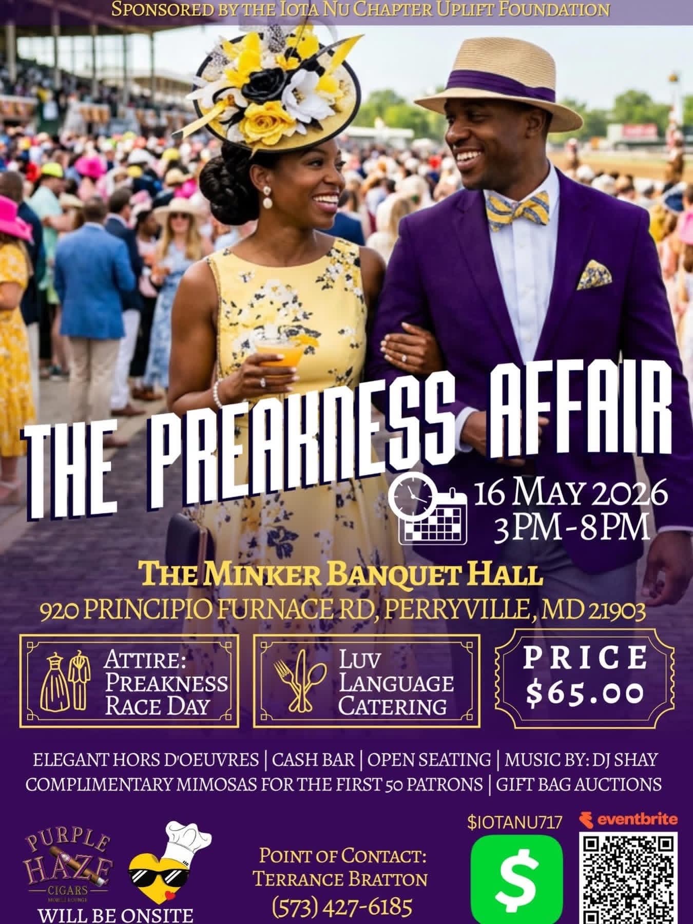 Flyer for The Preakness Affair at The Minker Banquet Hall in Perryville, Maryland with Purple Haze Mobile Cigar Lounge onsite